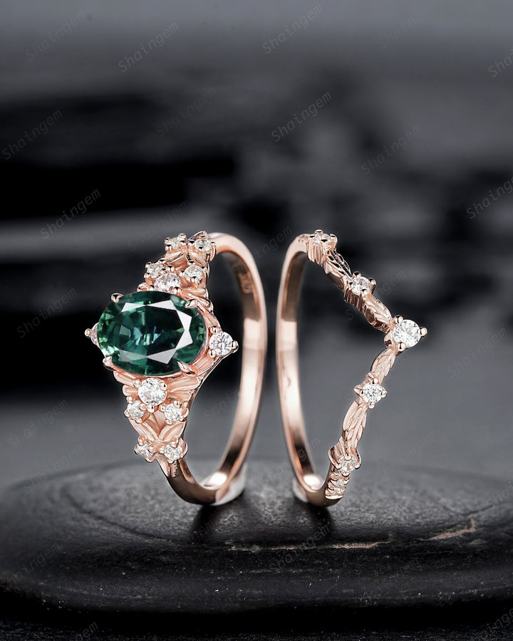 Vintage Natural Teal Sapphire and Diamond Engagement Ring Set, 14K 18K Rose Gold Oval Shape Sapphire Promise Ring, Nature Inspired Leaf Ring - ShainJewelry