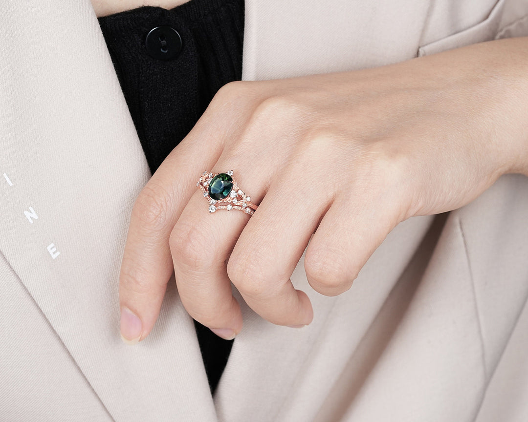 Vintage Natural Teal Sapphire and Diamond Engagement Ring Set, 14K 18K Rose Gold Oval Shape Sapphire Promise Ring, Nature Inspired Leaf Ring - ShainJewelry