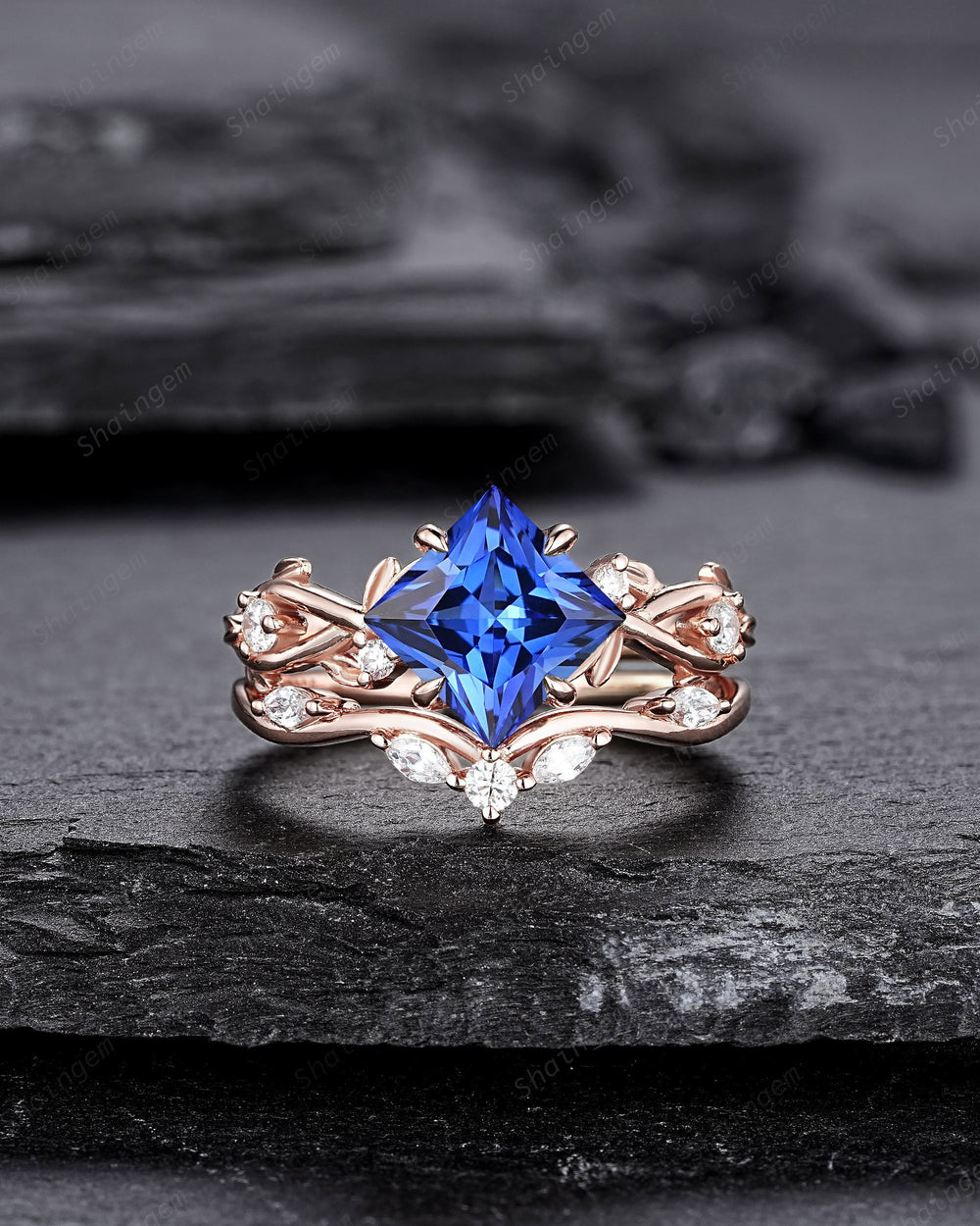 Princess Cut Cornflower Blue Sapphire Engagement Ring Set, 14K Rose Gold Leaf Promise Ring, Nature Inspired Twig Branch Vine Wedding Set - ShainJewelry