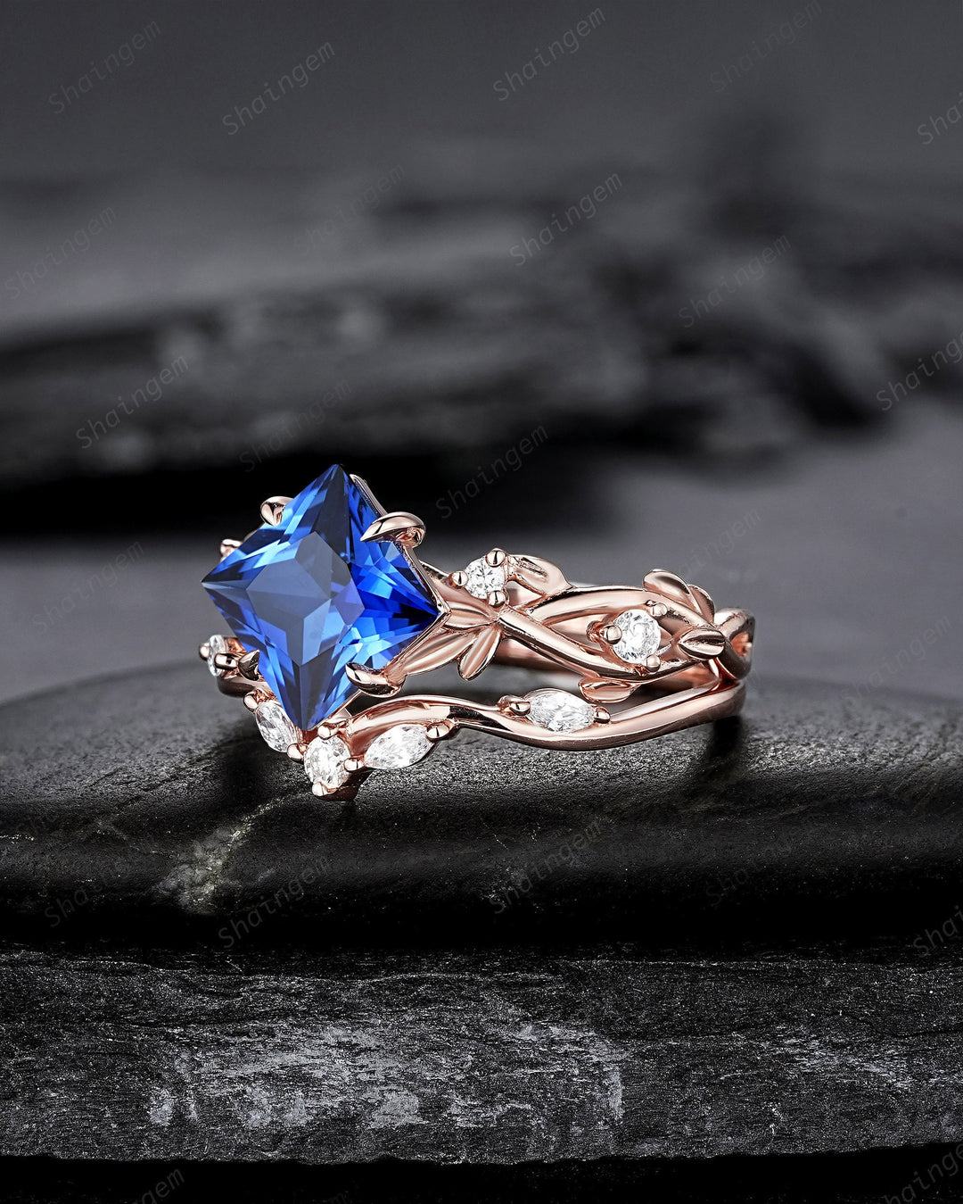 Princess Cut Cornflower Blue Sapphire Engagement Ring Set, 14K Rose Gold Leaf Promise Ring, Nature Inspired Twig Branch Vine Wedding Set - ShainJewelry