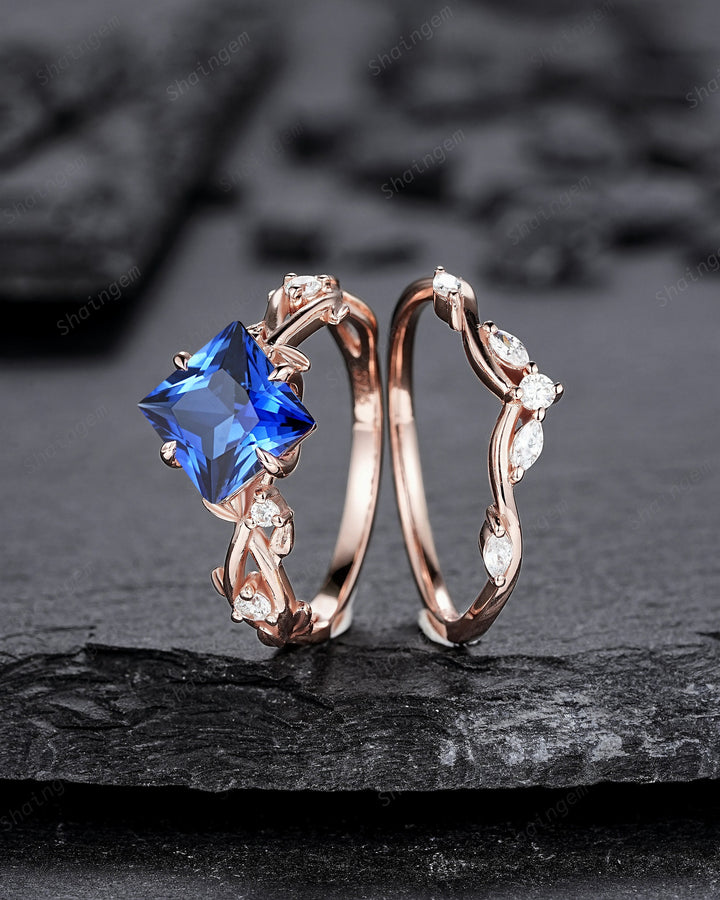 Princess Cut Cornflower Blue Sapphire Engagement Ring Set, 14K Rose Gold Leaf Promise Ring, Nature Inspired Twig Branch Vine Wedding Set - ShainJewelry