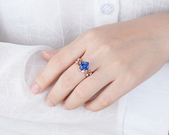 Princess Cut Cornflower Blue Sapphire Engagement Ring Set, 14K Rose Gold Leaf Promise Ring, Nature Inspired Twig Branch Vine Wedding Set - ShainJewelry