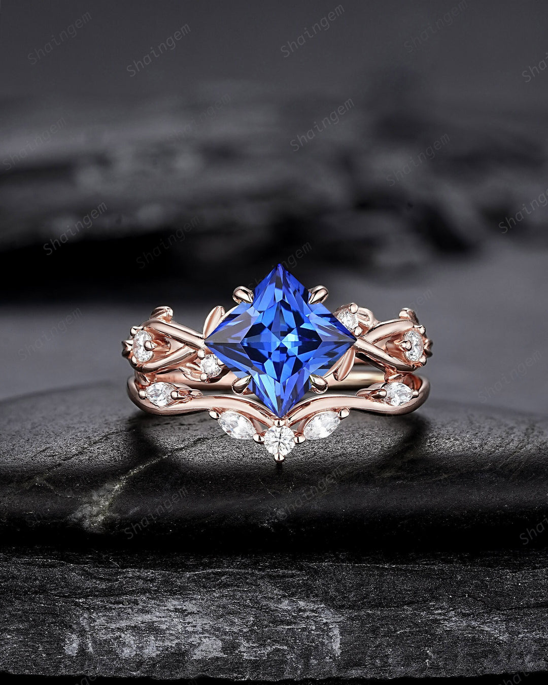Princess Cut Cornflower Blue Sapphire Engagement Ring Set, 14K Rose Gold Leaf Promise Ring, Nature Inspired Twig Branch Vine Wedding Set - ShainJewelry