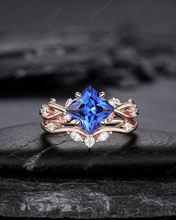 Princess Cut Cornflower Blue Sapphire Engagement Ring Set, 14K Rose Gold Leaf Promise Ring, Nature Inspired Twig Branch Vine Wedding Set - ShainJewelry