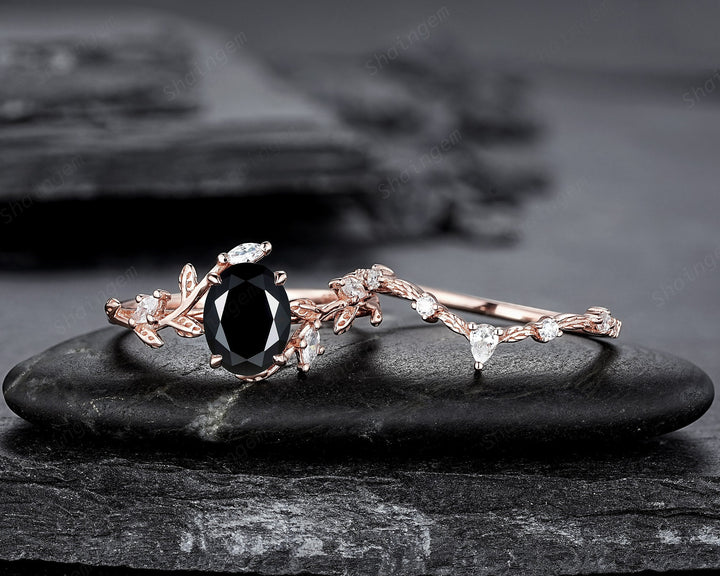 Oval Shape Black Moissanite and Diamond Engagement Ring Set, Rose Gold Twig Branch Wedding Ring, Nature Inspired Promise Ring Gift for Women - ShainJewelry