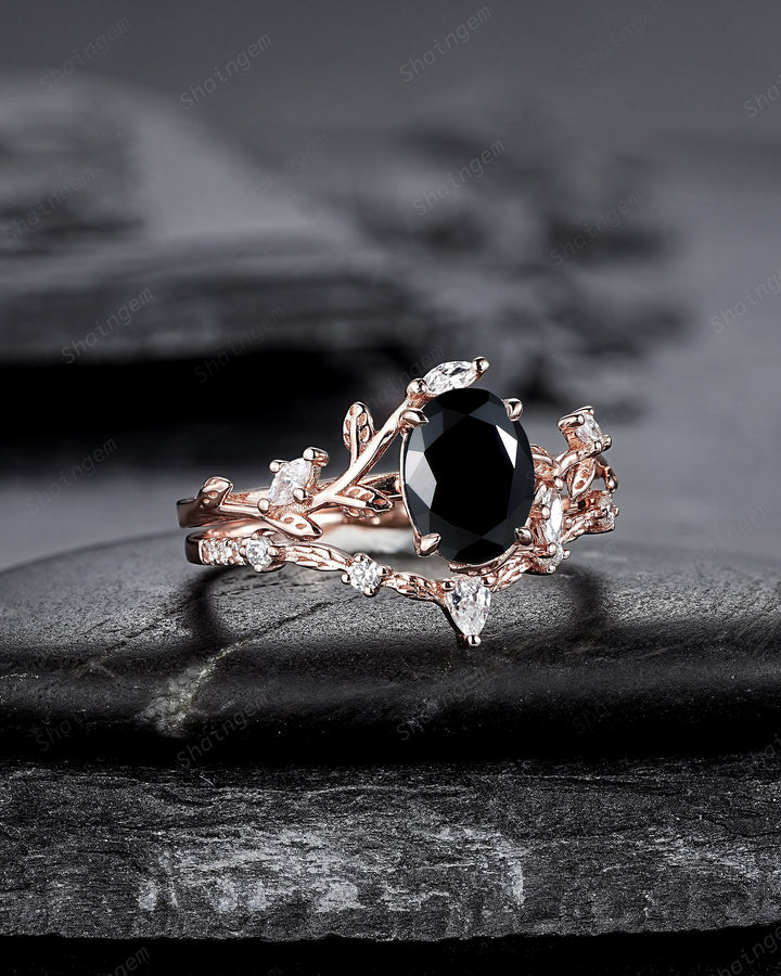 Oval Shape Black Moissanite and Diamond Engagement Ring Set, Rose Gold Twig Branch Wedding Ring, Nature Inspired Promise Ring Gift for Women - ShainJewelry