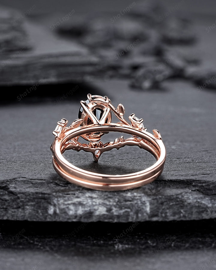 Oval Shape Black Moissanite and Diamond Engagement Ring Set, Rose Gold Twig Branch Wedding Ring, Nature Inspired Promise Ring Gift for Women - ShainJewelry