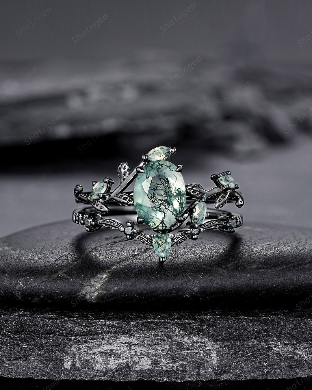 Unique Oval Shape Moss Agate Black Leaf Engagement Ring Set, Gothic Black Rhodium Twig Branch Promise Ring, Punk Vine Wedding Ring Gift - ShainJewelry