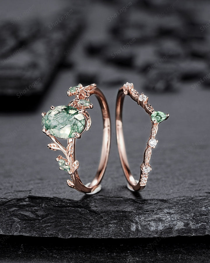 Nature Inspired Moss Agate Leaf Engagement Ring Set, Oval Shape Mossy Agate Rose Gold Wedding Set, Twig Branch Bridal Set Anniversary Ring - ShainJewelry