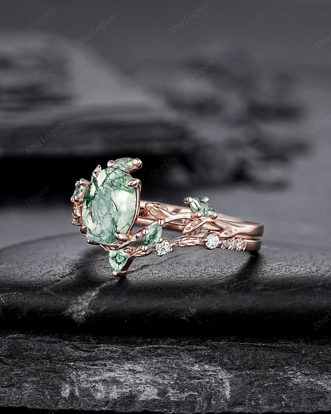 Nature Inspired Moss Agate Leaf Engagement Ring Set, Oval Shape Mossy Agate Rose Gold Wedding Set, Twig Branch Bridal Set Anniversary Ring - ShainJewelry
