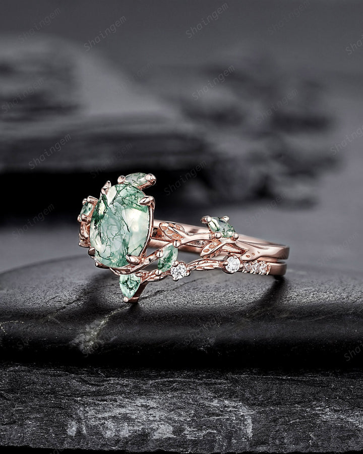 Nature Inspired Moss Agate Leaf Engagement Ring Set, Oval Shape Mossy Agate Rose Gold Wedding Set, Twig Branch Bridal Set Anniversary Ring - ShainJewelry