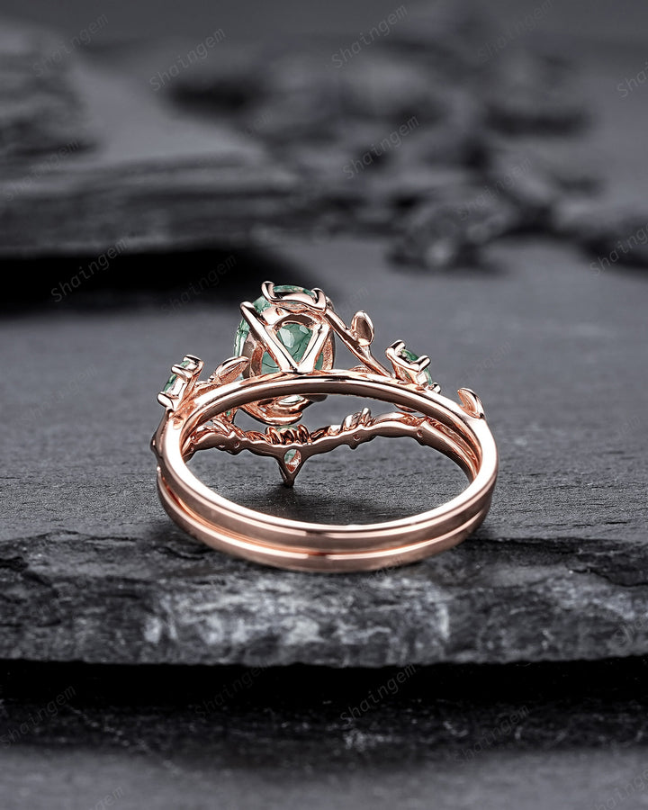 Nature Inspired Moss Agate Leaf Engagement Ring Set, Oval Shape Mossy Agate Rose Gold Wedding Set, Twig Branch Bridal Set Anniversary Ring - ShainJewelry