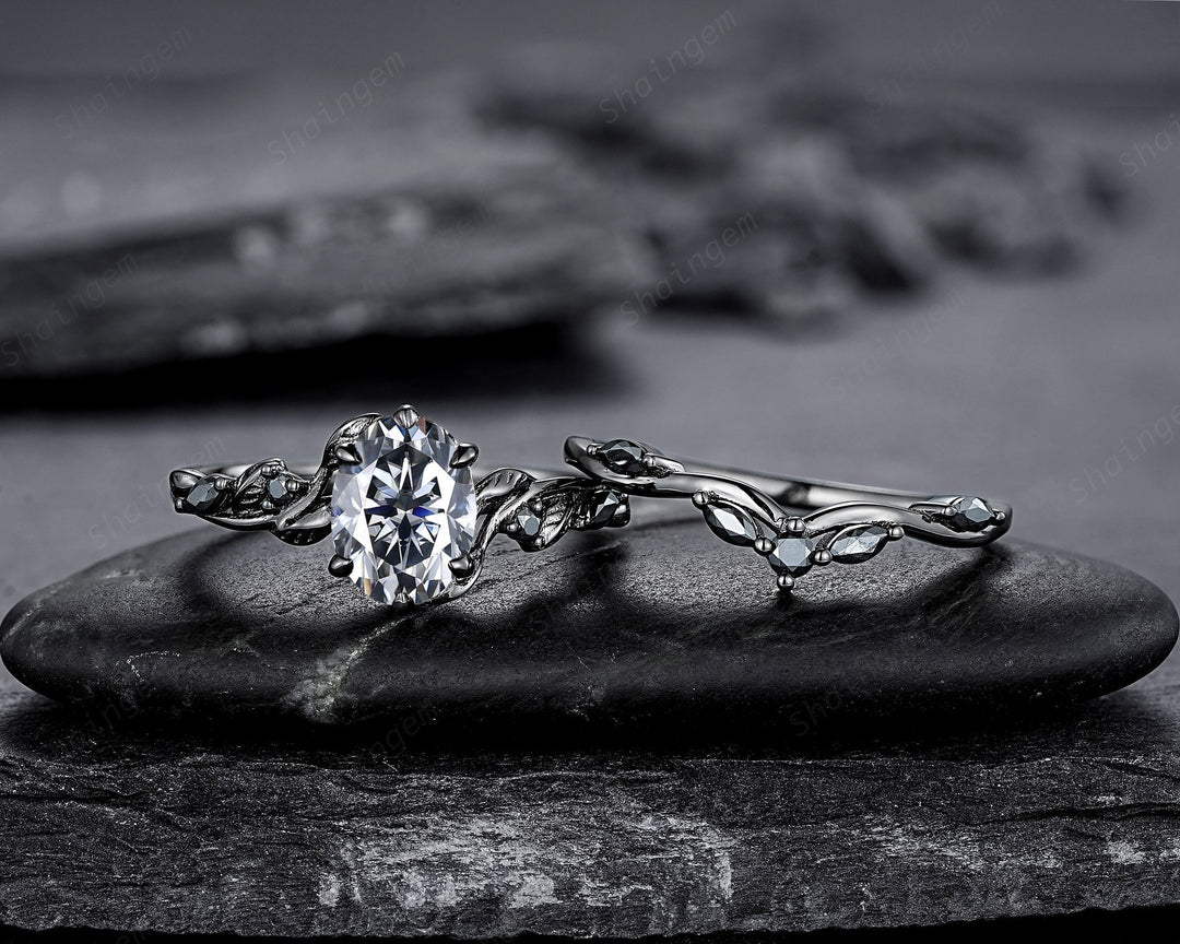 Gothic Black Oval Gray Moissanite Leaf Engagement Ring Set, Black Gold Twig Branch Promise Ring, Punk Rhodium Black Vine Wedding Ring Gift - ShainJewelry