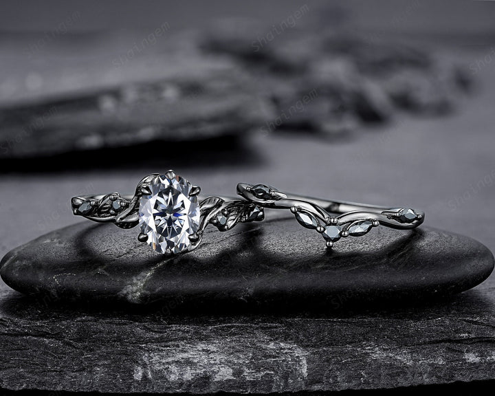 Gothic Black Oval Gray Moissanite Leaf Engagement Ring Set, Black Gold Twig Branch Promise Ring, Punk Rhodium Black Vine Wedding Ring Gift - ShainJewelry
