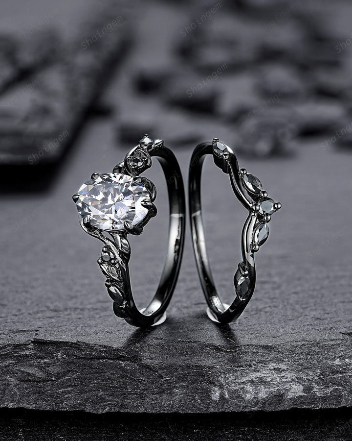Gothic Black Oval Gray Moissanite Leaf Engagement Ring Set, Black Gold Twig Branch Promise Ring, Punk Rhodium Black Vine Wedding Ring Gift - ShainJewelry
