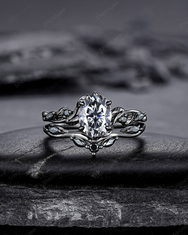 Gothic Black Oval Gray Moissanite Leaf Engagement Ring Set, Black Gold Twig Branch Promise Ring, Punk Rhodium Black Vine Wedding Ring Gift - ShainJewelry