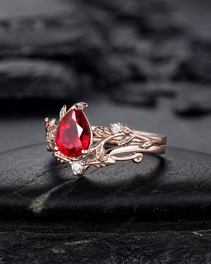 Nature Inspired Pear Shape Ruby Leaf Engagement Ring Set, 14K Rose Gold Twig Branch Promise Ring, Vine Bridal Set Anniversary Gift for Women - ShainJewelry