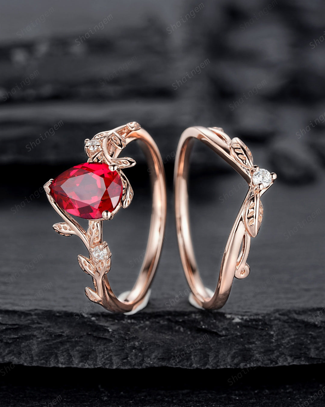 Nature Inspired Pear Shape Ruby Leaf Engagement Ring Set, 14K Rose Gold Twig Branch Promise Ring, Vine Bridal Set Anniversary Gift for Women - ShainJewelry