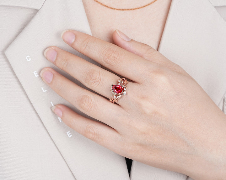 Nature Inspired Pear Shape Ruby Leaf Engagement Ring Set, 14K Rose Gold Twig Branch Promise Ring, Vine Bridal Set Anniversary Gift for Women - ShainJewelry