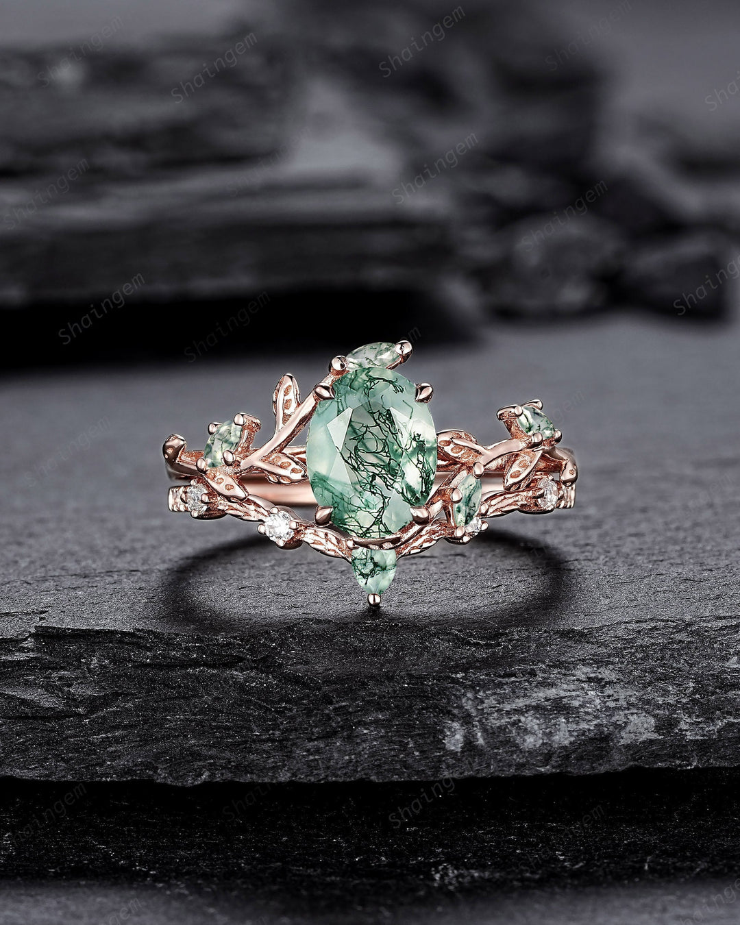 Nature Inspired Moss Agate Leaf Engagement Ring Set, Oval Shape Mossy Agate Rose Gold Wedding Set, Twig Branch Bridal Set Anniversary Ring - ShainJewelry