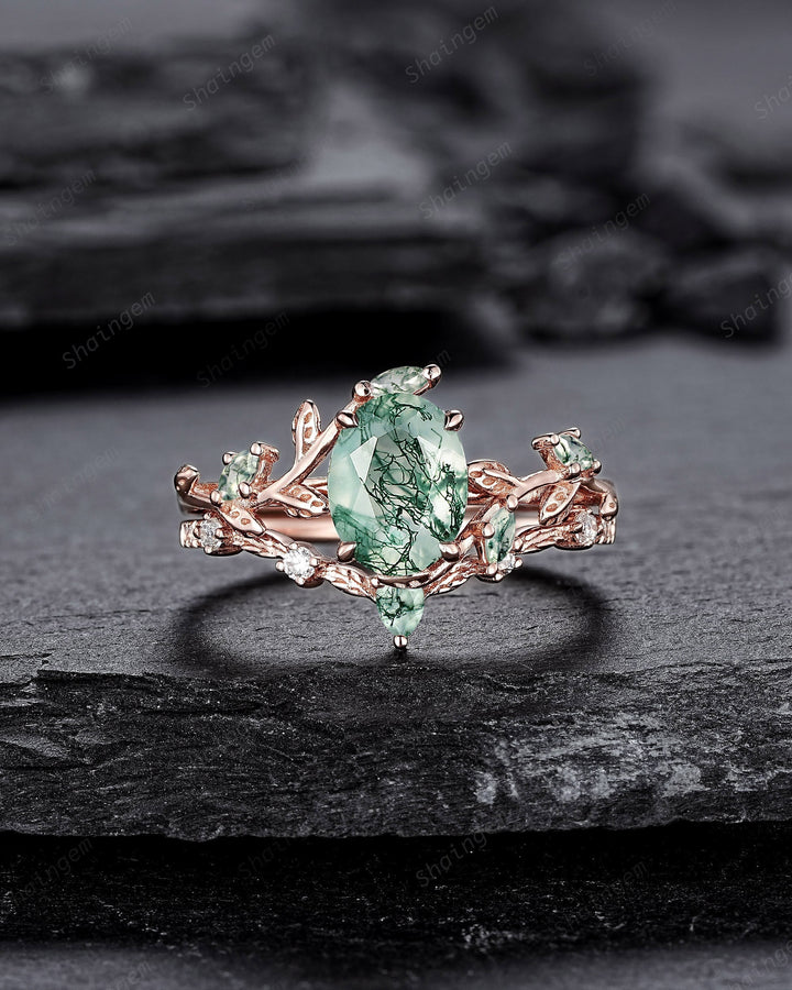 Nature Inspired Moss Agate Leaf Engagement Ring Set, Oval Shape Mossy Agate Rose Gold Wedding Set, Twig Branch Bridal Set Anniversary Ring - ShainJewelry