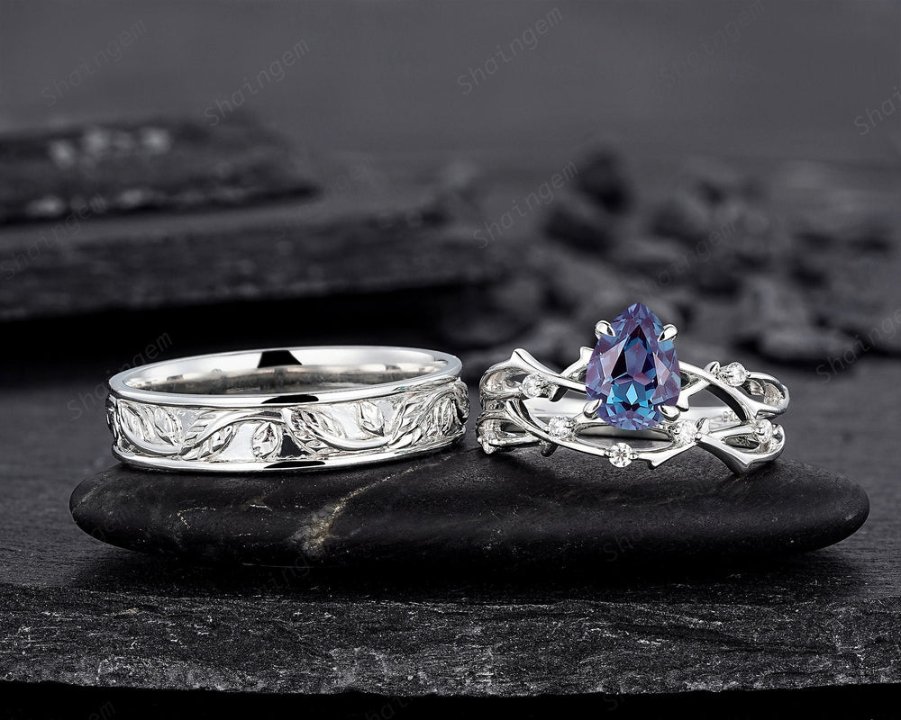 3PCS His and Hers Wedding Ring Set, Pear Shape Alexandrite Engagement Ring, 14K White Gold Twig Branch Couple Promise Ring Set, Men's Band