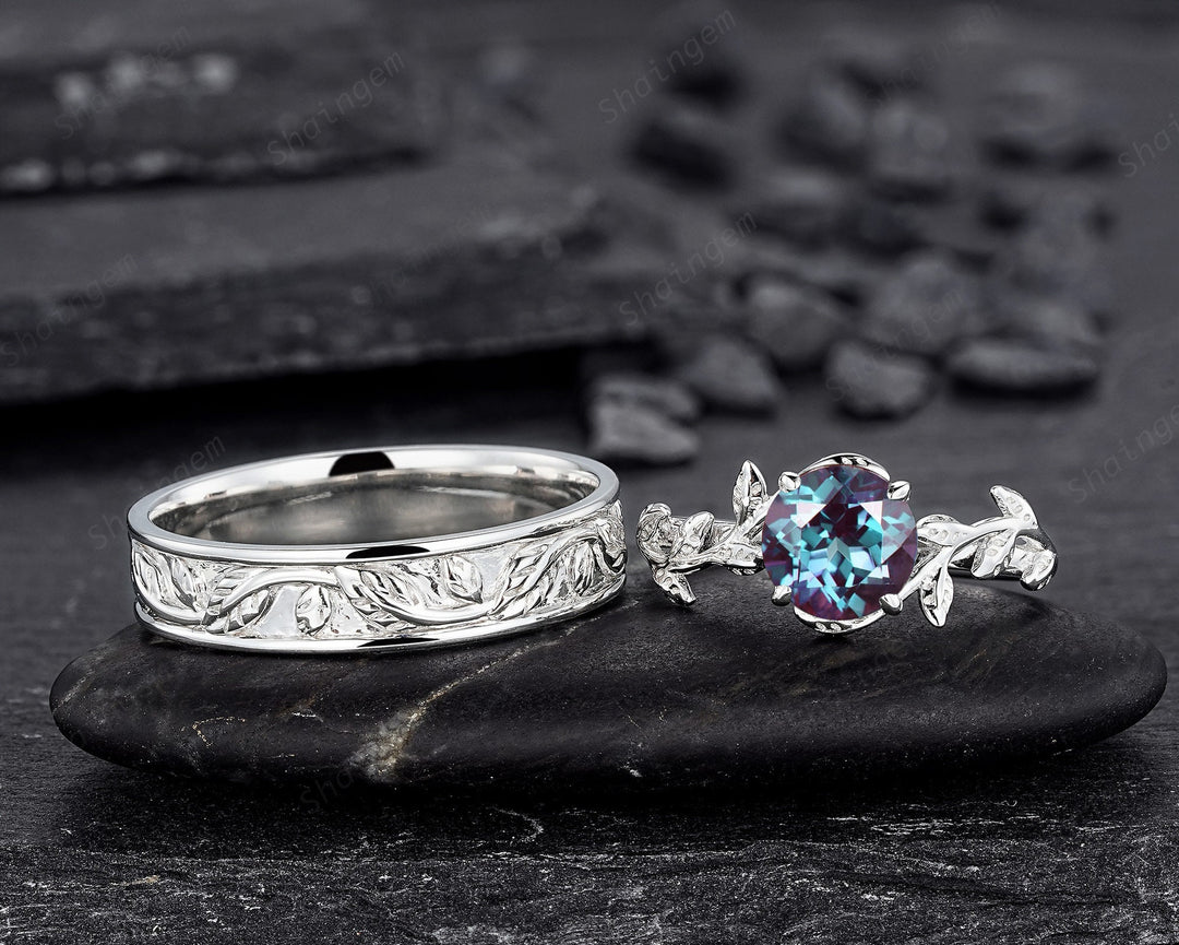 2PCS His and Hers Alexandrite Leaf Engagement Wedding Band, 14K White Gold Couple Wedding Ring Set, Silver Promise Ring , Plain Men's Band