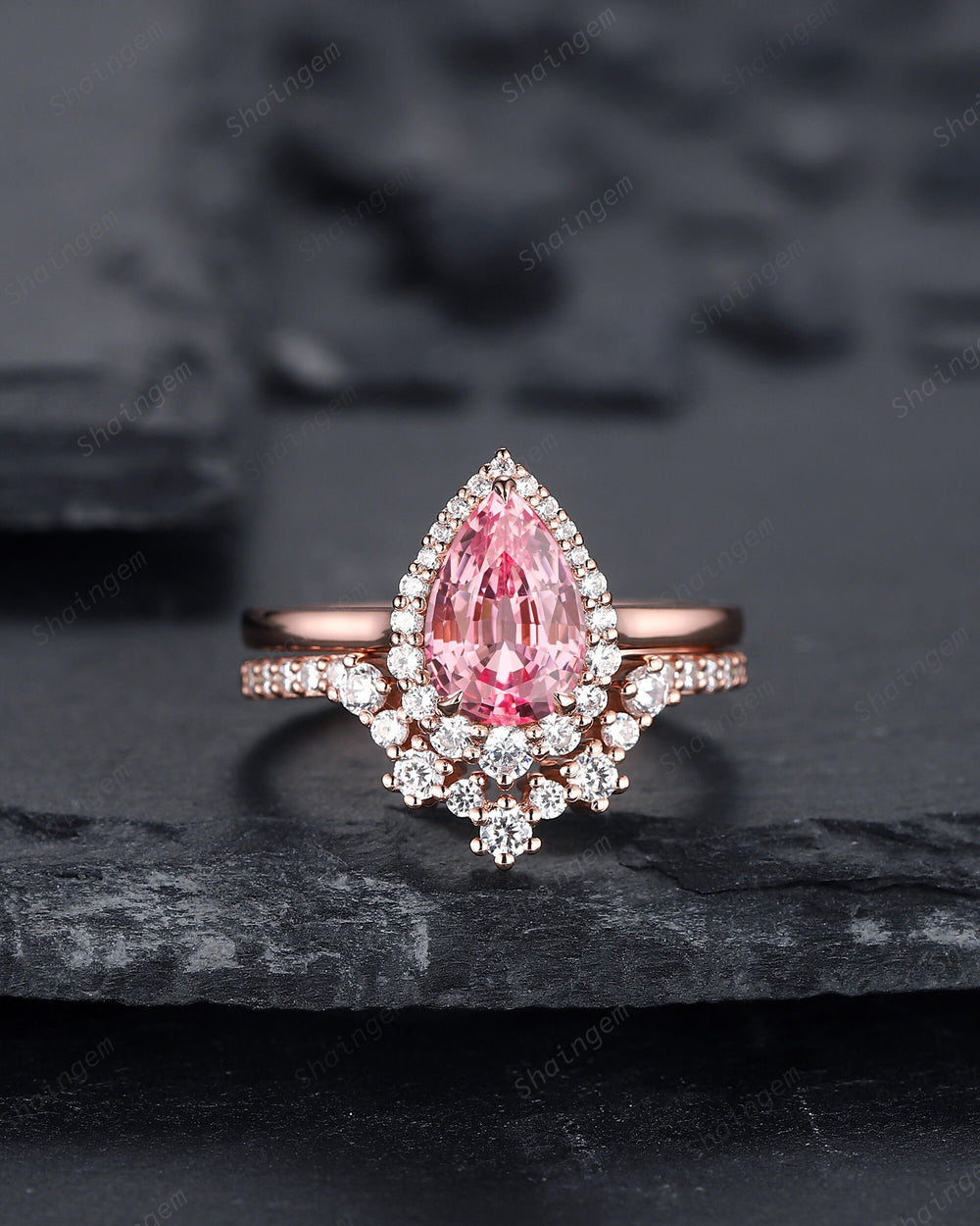 Pear Shape Padparadscha Pink Sapphire Engagement Ring Set, Vintage 14K Rose Gold Halo Wedding Ring, Promise Ring Anniversary Gift for Women - ShainJewelry