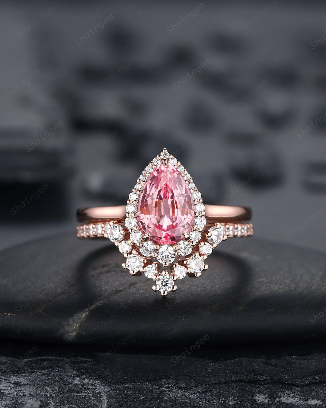 Pear Shape Padparadscha Pink Sapphire Engagement Ring Set, Vintage 14K Rose Gold Halo Wedding Ring, Promise Ring Anniversary Gift for Women - ShainJewelry