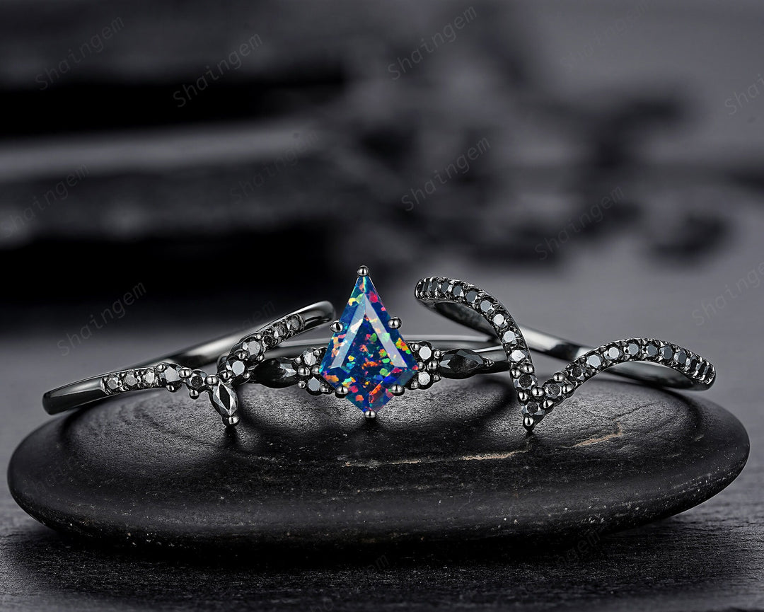 3PCS Gothic Kite Cut Black Opal Engagement Ring Set, Punk Black Gold Dark Promise Ring, Vintage Rhodium Black Wedding Ring Gift for Women - ShainJewelry