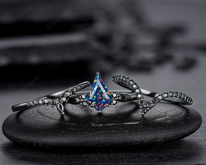 3PCS Gothic Kite Cut Black Opal Engagement Ring Set, Punk Black Gold Dark Promise Ring, Vintage Rhodium Black Wedding Ring Gift for Women - ShainJewelry