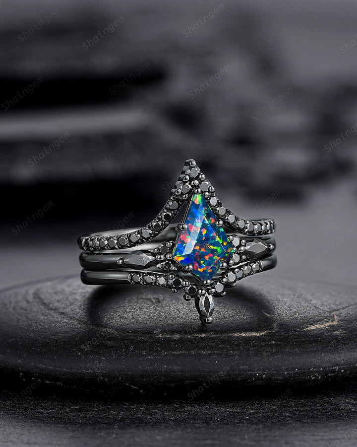3PCS Gothic Kite Cut Black Opal Engagement Ring Set, Punk Black Gold Dark Promise Ring, Vintage Rhodium Black Wedding Ring Gift for Women - ShainJewelry
