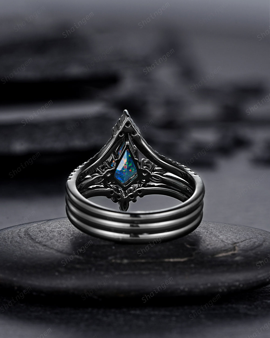 3PCS Gothic Kite Cut Black Opal Engagement Ring Set, Punk Black Gold Dark Promise Ring, Vintage Rhodium Black Wedding Ring Gift for Women - ShainJewelry