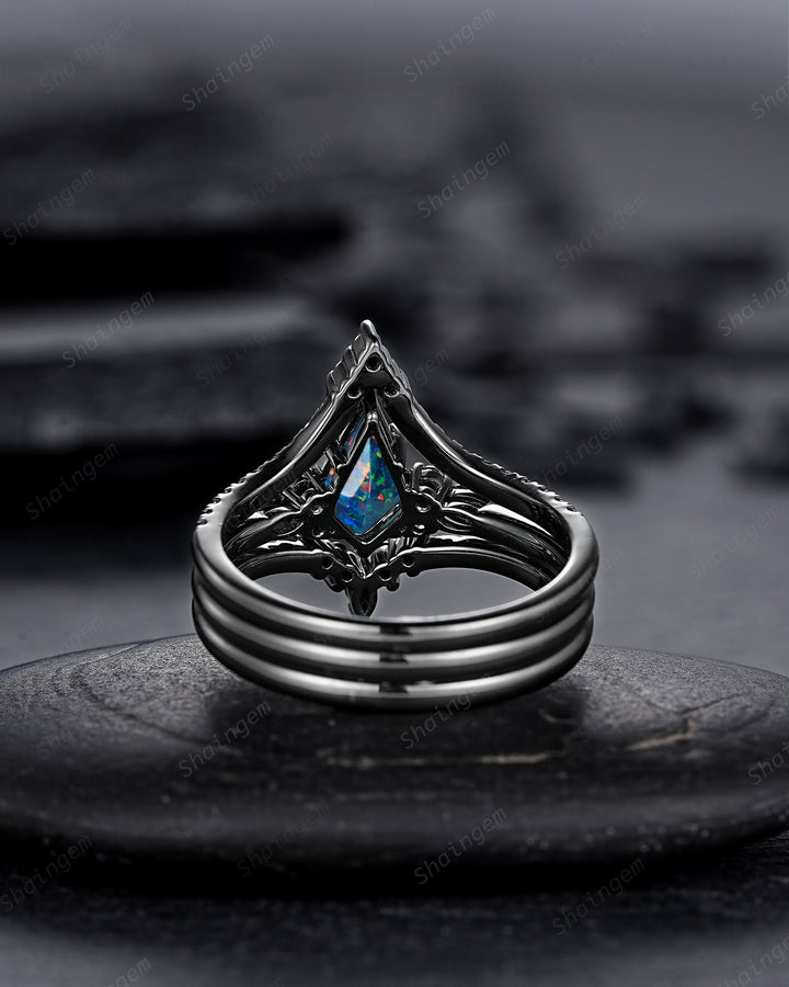 3PCS Gothic Kite Cut Black Opal Engagement Ring Set, Punk Black Gold Dark Promise Ring, Vintage Rhodium Black Wedding Ring Gift for Women - ShainJewelry