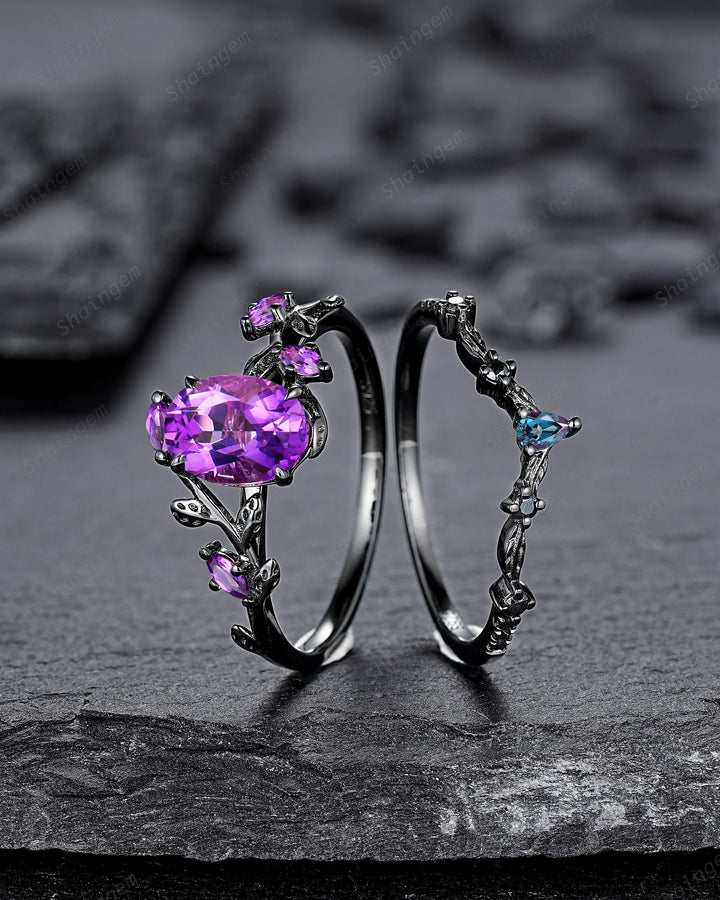 Gothic Oval Shape Amethyst Black Engagement Ring Set, Black Gold Leaf Promise Ring Set, Rhodium Black Witchy Twig Branch Ring Bridal Set - ShainJewelry