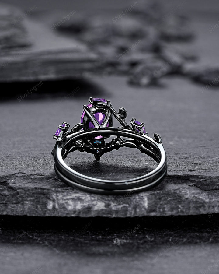 Gothic Oval Shape Amethyst Black Engagement Ring Set, Black Gold Leaf Promise Ring Set, Rhodium Black Witchy Twig Branch Ring Bridal Set - ShainJewelry