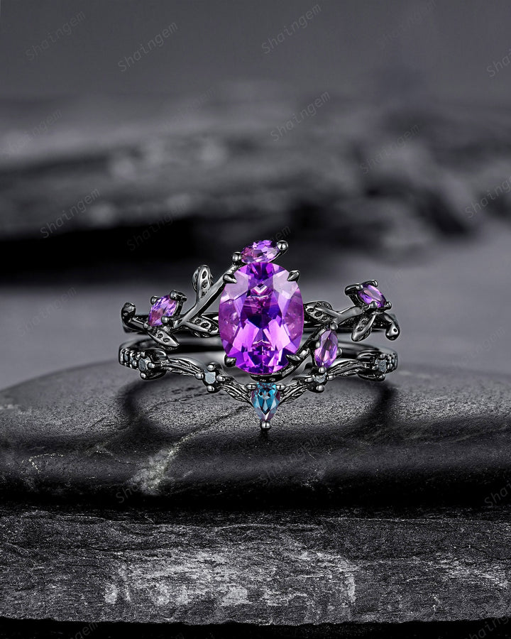 Gothic Oval Shape Amethyst Black Engagement Ring Set, Black Gold Leaf Promise Ring Set, Rhodium Black Witchy Twig Branch Ring Bridal Set - ShainJewelry