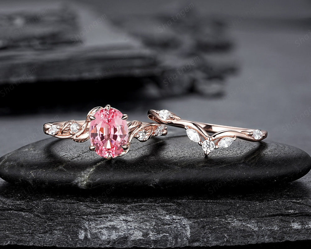 Oval Padparadscha Pink Sapphire and Diamond Engagement Ring Set, Rose Gold Twig Branch Wedding Ring Bridal Set, Promise Ring Gift for Women - ShainJewelry