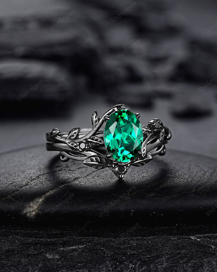Nature Inspired Black Gold Emerald Engagement Ring Set, Rhodium Black Emerald Promise Ring, Black Wedding Ring, Gothic Anniversary Ring Gift - ShainJewelry