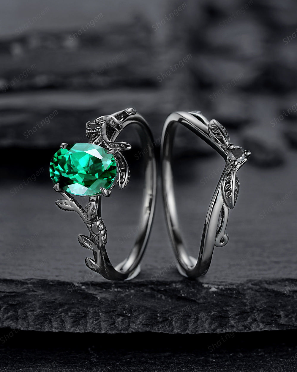 Nature Inspired Black Gold Emerald Engagement Ring Set, Rhodium Black Emerald Promise Ring, Black Wedding Ring, Gothic Anniversary Ring Gift - ShainJewelry