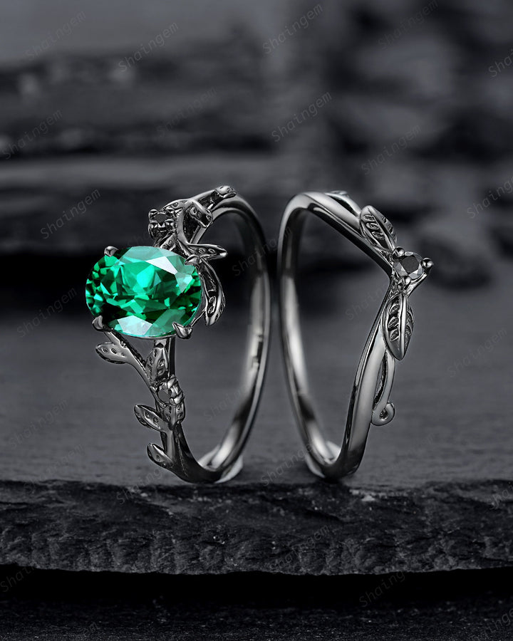 Nature Inspired Black Gold Emerald Engagement Ring Set, Rhodium Black Emerald Promise Ring, Black Wedding Ring, Gothic Anniversary Ring Gift - ShainJewelry