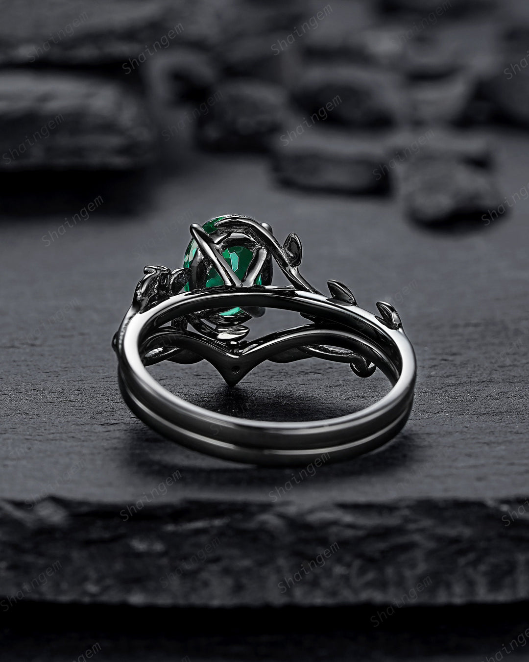 Nature Inspired Black Gold Emerald Engagement Ring Set, Rhodium Black Emerald Promise Ring, Black Wedding Ring, Gothic Anniversary Ring Gift - ShainJewelry