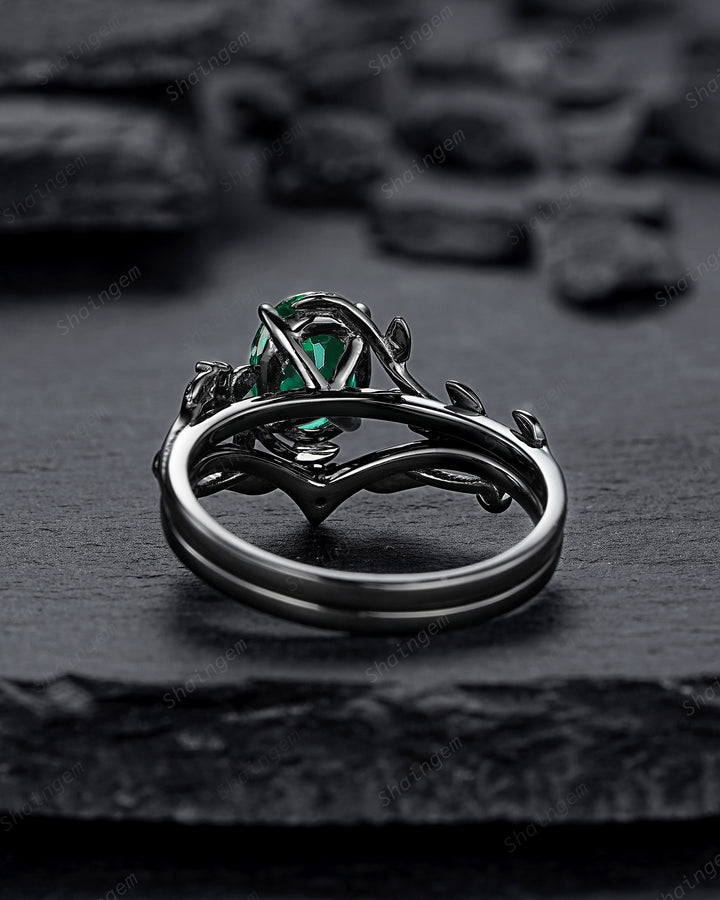 Nature Inspired Black Gold Emerald Engagement Ring Set, Rhodium Black Emerald Promise Ring, Black Wedding Ring, Gothic Anniversary Ring Gift - ShainJewelry