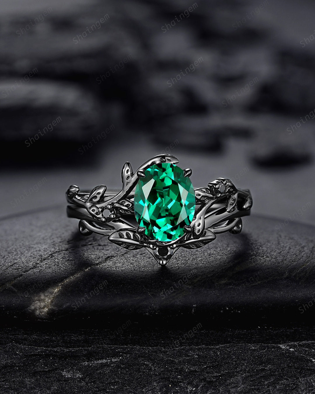 Nature Inspired Black Gold Emerald Engagement Ring Set, Rhodium Black Emerald Promise Ring, Black Wedding Ring, Gothic Anniversary Ring Gift - ShainJewelry