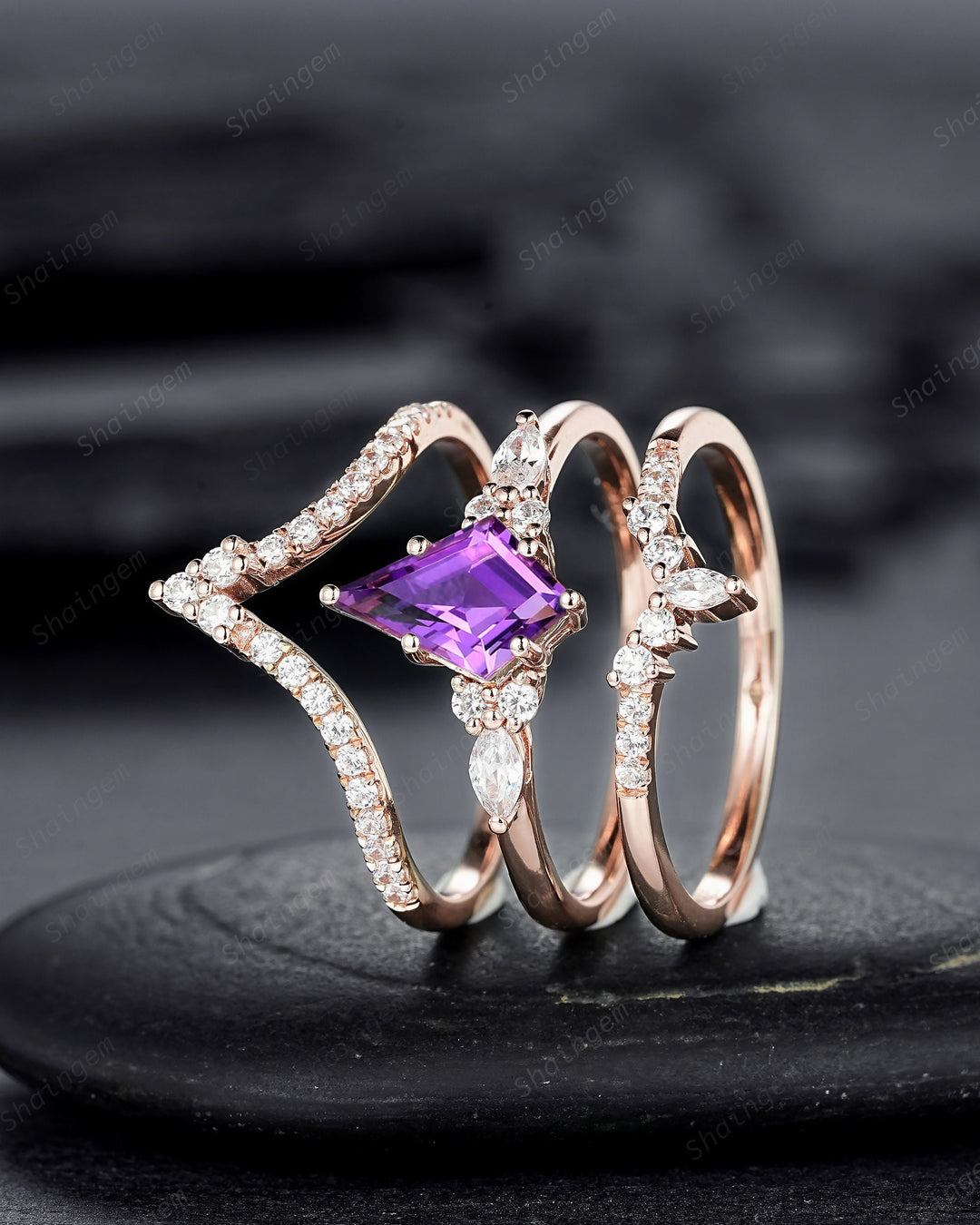 3PCS Vintage Kite Cut Natural Amethyst Engagement Ring Set, V Shape Rose Gold Purple Amethyst Promise Ring, Wedding Ring Gift for Women - ShainJewelry