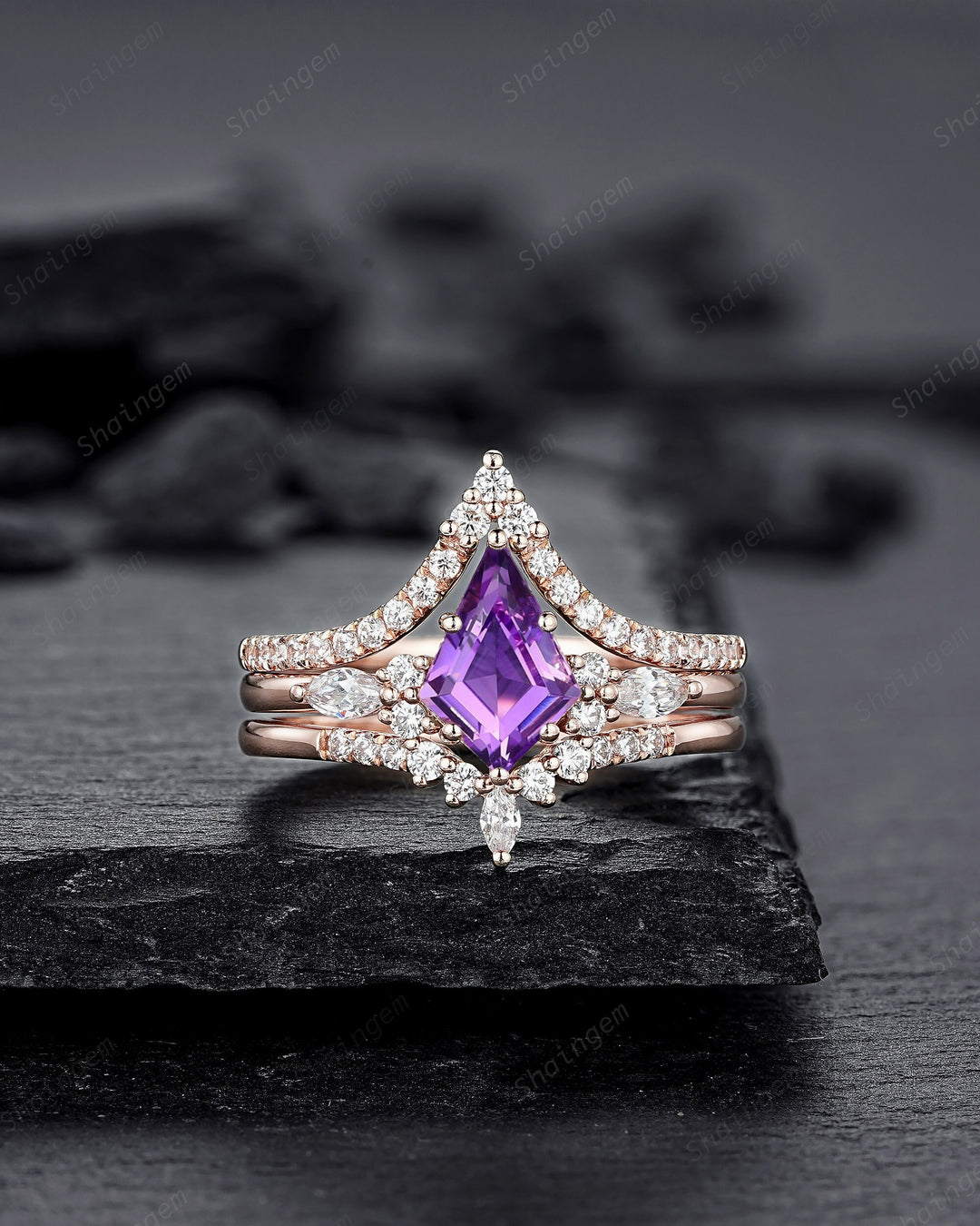 3PCS Vintage Kite Cut Natural Amethyst Engagement Ring Set, V Shape Rose Gold Purple Amethyst Promise Ring, Wedding Ring Gift for Women - ShainJewelry