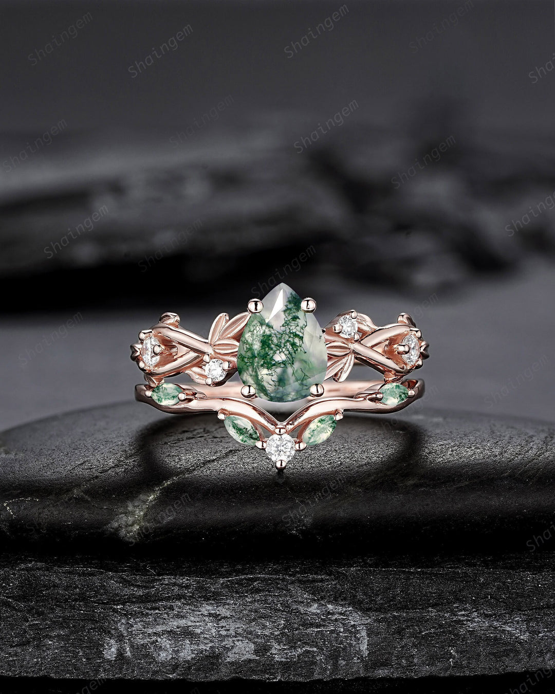 Nature Inspired Pear Cut Moss Agate Engagement Ring, 14K Rose Gold Leaf Vine Promise Wedding Ring, Unique Personalized Jewelry for Women - ShainJewelry