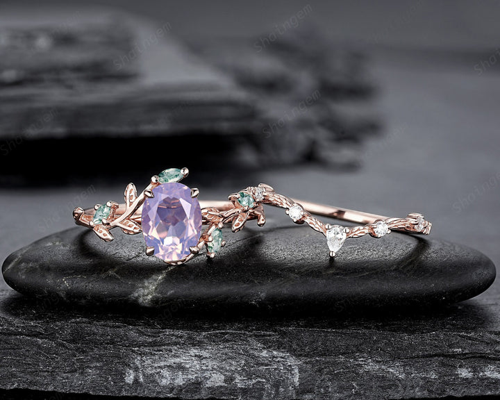 Nature Inspired Lavender Amethyst Leaf Engagement Ring Set, Oval Cut Amethyst Rose Gold Wedding Set, Twig Branch Bridal Set Anniversary Ring - ShainJewelry