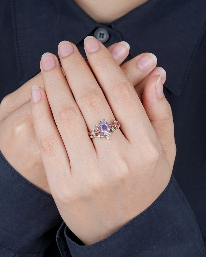 Nature Inspired Lavender Amethyst Leaf Engagement Ring Set, Oval Cut Amethyst Rose Gold Wedding Set, Twig Branch Bridal Set Anniversary Ring - ShainJewelry