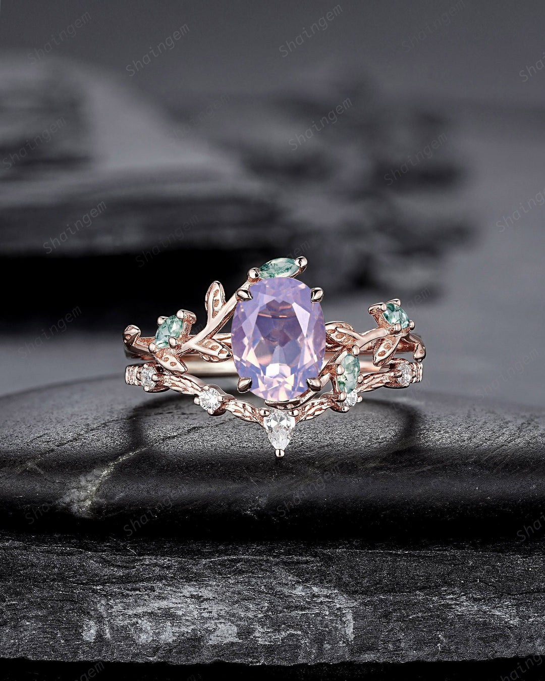 Nature Inspired Lavender Amethyst Leaf Engagement Ring Set, Oval Cut Amethyst Rose Gold Wedding Set, Twig Branch Bridal Set Anniversary Ring - ShainJewelry